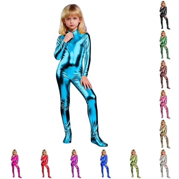 Ticikt Girls Metallic Shiny Unitard, High Neck Long Sleeve Footed Bodysuit, Back Zipper Full Body Jumpsuit for Stage Performance Halloween Cosplay,Sky Blue