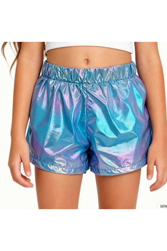 Girls Metallic Shorts, Holographic Shiny Shorts, Elastic Waist Dance Shorts for Stage Performance,X1 Sky Blue