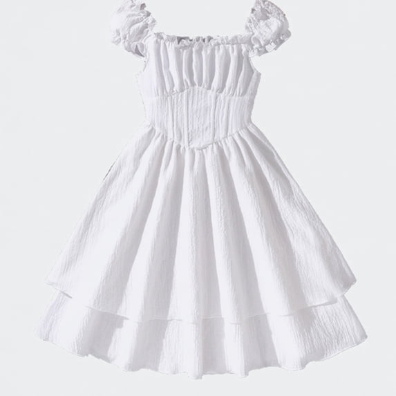 Ticikt Girls Off Shoulder Smocked Tiered Ruffle Dress, Summer Casual Sundress for Big Kids,Color:White