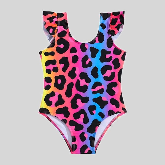 Ticikt Girls One Piece Swimsuit, Rainbow Leopard Print Ruffle Sleeve Bathing Suit for 3-7Y Girls,Color:Purple