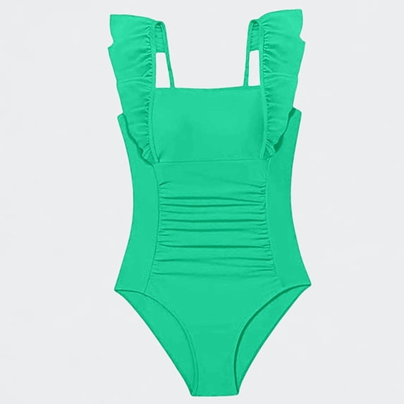 Ticikt Girls One Piece Swimsuit Ruffled Ruched Solid Color Bathing Suit for 7-16Y Kids,Green