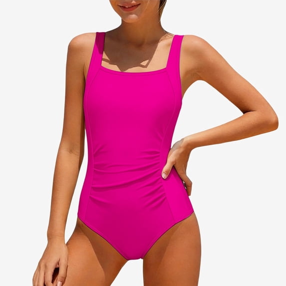 Ticikt Girls One Piece Swimsuits, Solid Ruched Bathing Suit for Girls Full Coverage Modest Padded Swimwear,Hot Pink,Size:7-8 Years