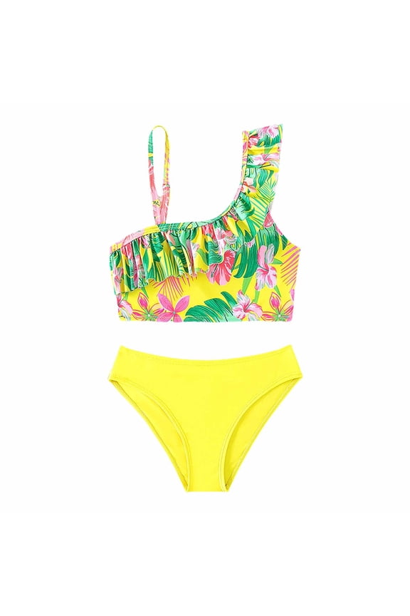 Girls' One-Shoulder Bikini Set, Ruffle Trim Floral Print Swimwear for Little/Big Kids,Color:Yellow,Size:7-8 Years
