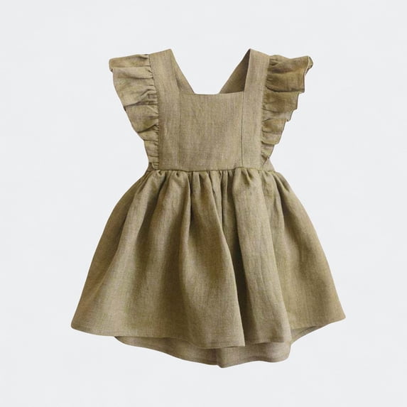 Ticikt Girls Overall Dress, Linen Blend Ruffle Strap A-Line Suspender Skirt for Baby 12-24 M,Green