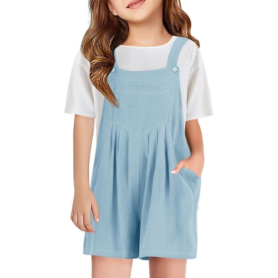 Ticikt Girls Overall Shorts Kids Summer Casual Adjustable Strap Rompers with Pockets,Color:Light Blue,Size:6-7 Years