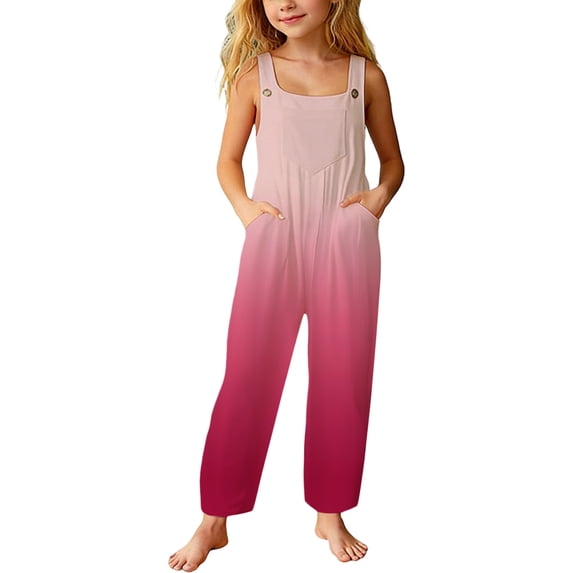 Ticikt Girls Overalls Kids Casual Sleeveless Wide Leg Jumpsuit Gradient Color Loose Rompers with Pockets