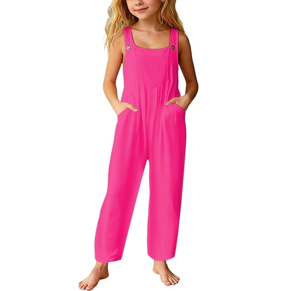 Ticikt Girls Overalls Kids Casual Sleeveless Wide Leg Jumpsuit Loose Rompers with Pockets