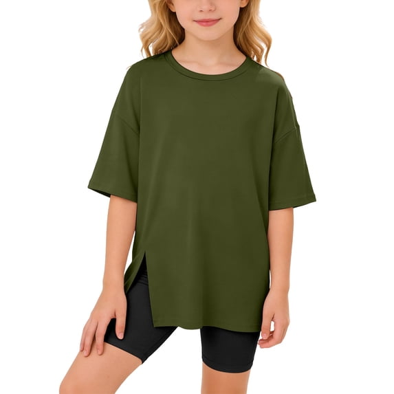 Ticikt Girls Oversized Short Sleeve T Shirts Kids Summer Side Slit Tops Casual Crewneck Basic Tees,Color:Army Green,Size:9-10 Years