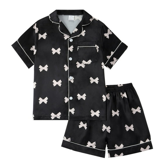 Ticikt Girls Pajamas Satin Pajama Set Silk Nightgown Short Sleeve Button Down Summer Bow Sleepwear for Big Kids,Color:Black,Size:5-6 Years