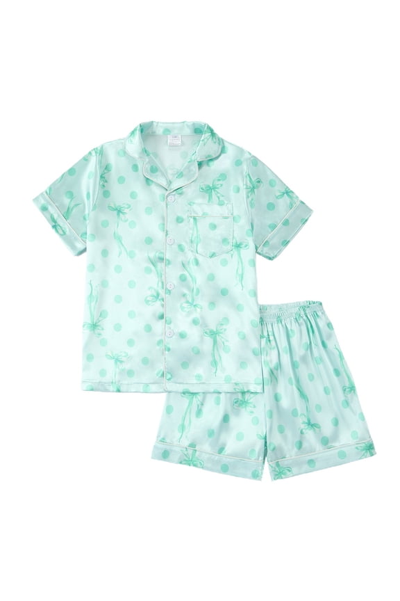 Girls Pajamas Satin Pajama Set Silk Nightgown Short Sleeve Button Down Summer Bow Sleepwear for Big Kids,Color:Mint Green,Size:7-8 Years