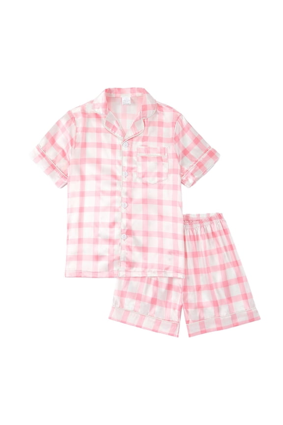 Girls Pajamas Satin Pajama Set Silk Nightgown Short Sleeve Button Down Summer Bow Sleepwear for Big Kids,Color:Pink2,Size:8-9 Years