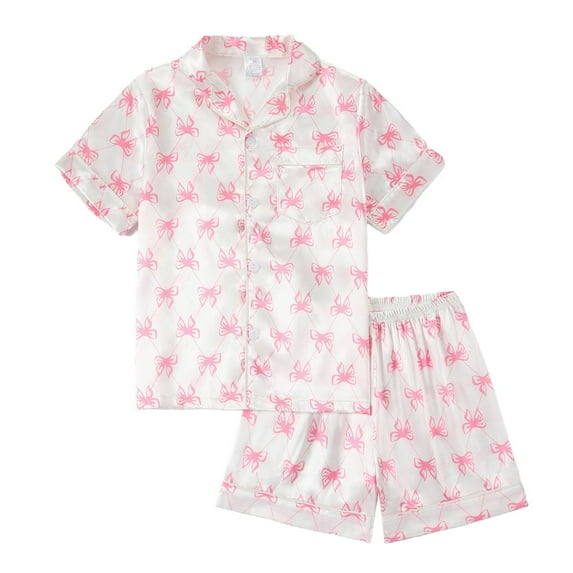 Ticikt Girls Pajamas Satin Pajama Set Silk Nightgown Short Sleeve Button Down Summer Bow Sleepwear for Big Kids,Color:White,Size:9-10 Years