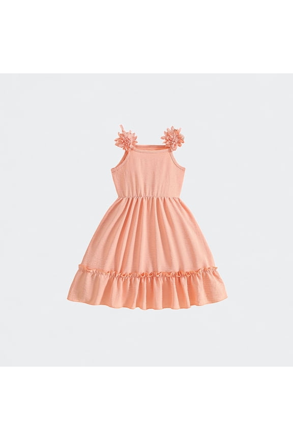 Ticikt Girls Peach 3D Flower Strap Sundress, Ruffle Hem A-Line Boho Summer Dress for Kids 2-12Y,Orange