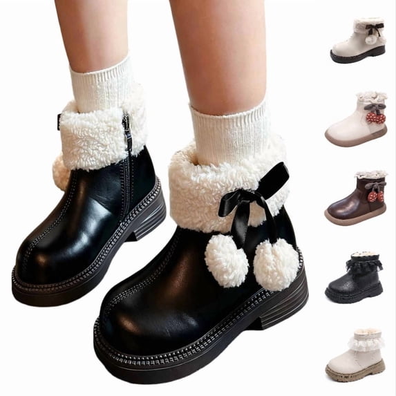 Ticikt Girls Pom Pom Bow Ankle Boots, Fuzzy Side Zipper Low Heel Cute Winter Leather Short Boots,Black