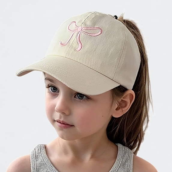 Ticikt Girls Ponytail Baseball Cap, Half Open Bow Embroidery Sweet Summer Sun Hat,Color:Beige