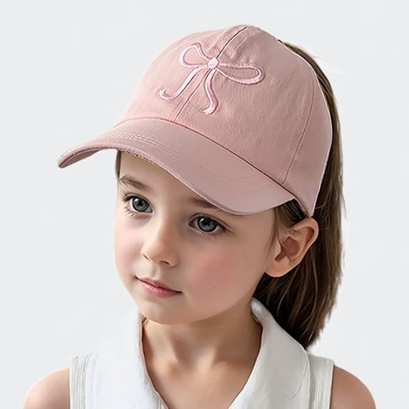 Ticikt Girls Ponytail Baseball Cap, Half Open Bow Embroidery Sweet Summer Sun Hat,Color:Light Pink