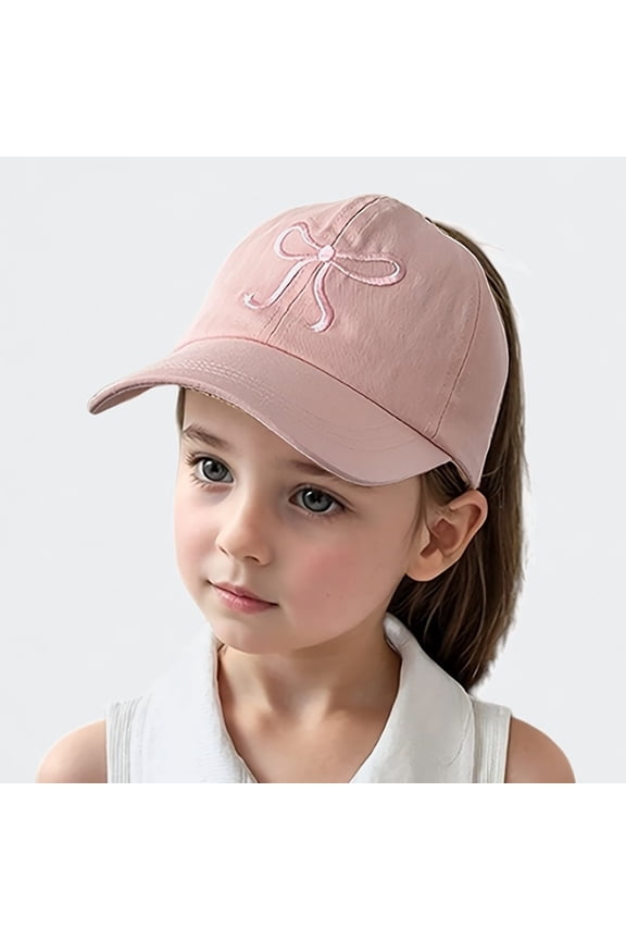 Girls Ponytail Baseball Cap, Half Open Bow Embroidery Sweet Summer Sun Hat,Color:Light Pink