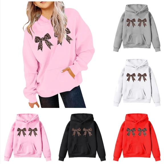 Ticikt Girls Print Bow Round Neck Long Sleeve Cropped Hoodie for Fall Winter,Pink