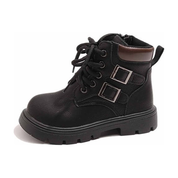 Ticikt Girls Retro Fashion Ankle Boots, DoubleâBuckle Decor Nonâ Sole FauxâLeather Short Booties,Black