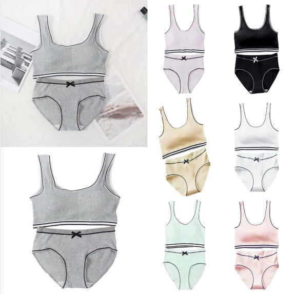 Ticikt Girls' Ribbed Cotton Underwear Set, Breathable Training Bra & Panty Combo,Grey