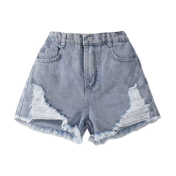 Ticikt Girls Ripped Jean Shorts 7-12Y, Y2K Mid Waist Straight Leg Denim Shorts with Elastic Waistband & Frayed Hem,Color:Blue,Size:10-11 Years