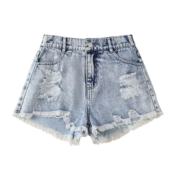 Ticikt Girls Ripped Jean Shorts 7-12Y, Y2K Mid Waist Straight Leg Denim Shorts with Elastic Waistband & Frayed Hem,Color:Blue,Size:11-12 Years