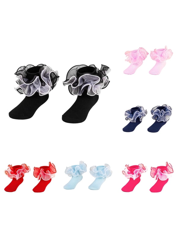 Ticikt Girls Thin Glitter Mesh Lace Ruffle Socks, Color Contrast Princess Dance Socks for Performance Daily Dress‑up,Black
