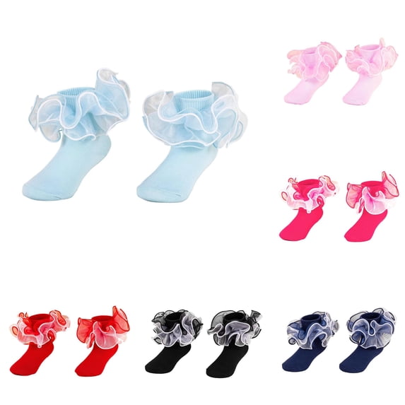 Ticikt Girls Ruffle Lace Mid‑Calf Socks, Soft Cotton Princess Dance Socks for Ballet Performance Daily Dress Up,Light Blue
