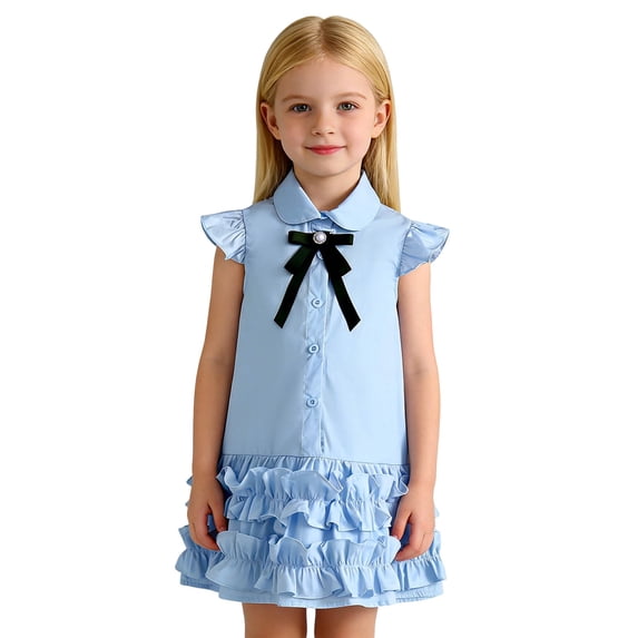 Ticikt Girls Ruffle Sleeve Summer Dress Kids Casual Pleated School Uniform Polo Dresses,Color:Blue,Size:4-5 Years