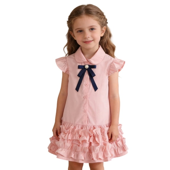Ticikt Girls Ruffle Sleeve Summer Dress Kids Casual Pleated School Uniform Polo Dresses,Color:Pink,Size:9-10 Years