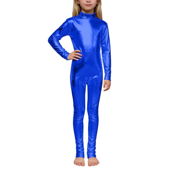 Ticikt Girls Shiny Metallic Neck Unitard Long Sleeve One Piece Zip Up Bodysuit Dance