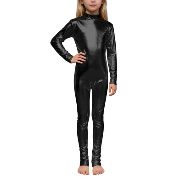 Ticikt Girls Shiny Metallic Neck Unitard Long Sleeve One Piece Zip Up Bodysuit Dance