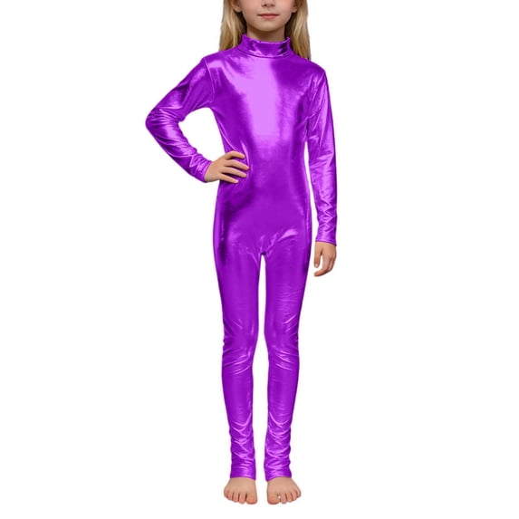 Ticikt Girls Shiny Metallic Neck Unitard Long Sleeve Zipper Back One Piece Bodysuit