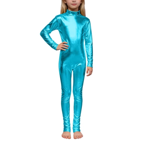 Ticikt Girls Shiny Metallic Neck Unitard Long Sleeve Zipper Back One Piece Bodysuit