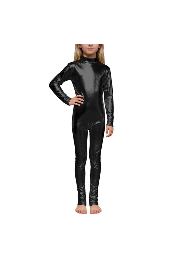 Girls Shiny Metallic Neck Unitard Long Sleeve Zipper Back One Piece Bodysuit