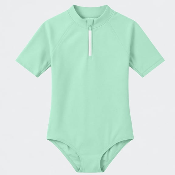 Ticikt Girls Short Sleeve One Piece Swimsuit, UPF 50 Sun Protection Half Zip Rash Guard Bathing Suit for Kids,Light Green