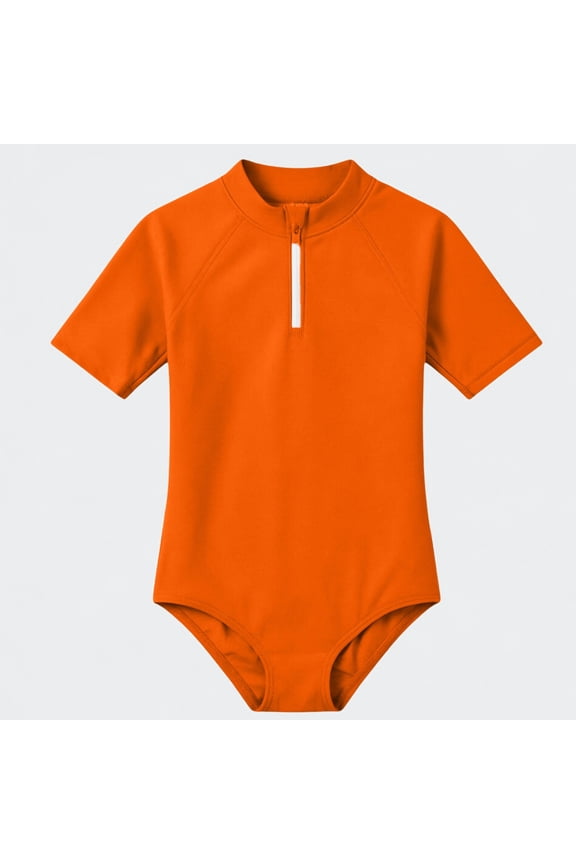 Girls Short Sleeve One Piece Swimsuit, UPF 50+ Sun Protection Half Zip Rash Guard Bathing Suit for Kids,Orange