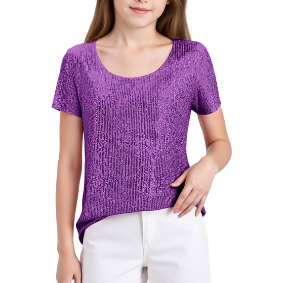Ticikt Girls Short Sleeve Sequin Shirts Party Glitter Sparkly Tops Blouse