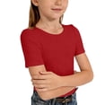 thumbnail image 1 of Ticikt Girls Short Sleeve Shirts Crewneck Ruched Side Slim Fit Tops Ribbed Knit Casual Tee Shirt Comfortable Everyday Wear,Color:Red, 1 of 4