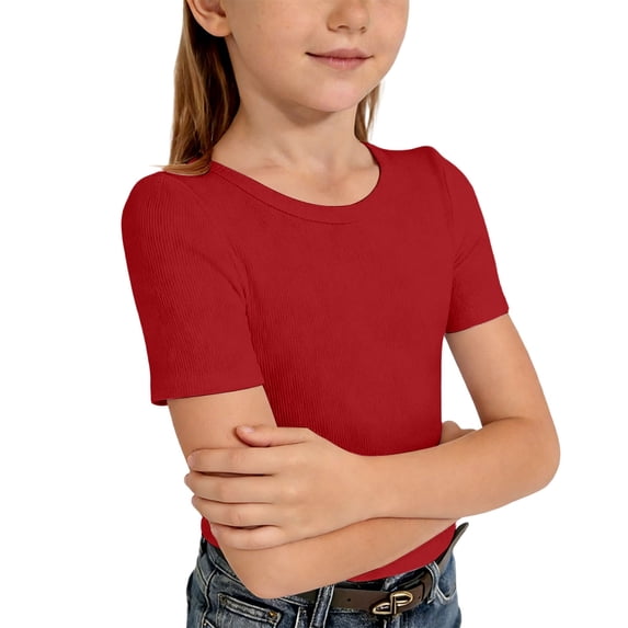 Ticikt Girls Short Sleeve Shirts Crewneck Ruched Side Slim Fit Tops Ribbed Knit Casual Tee Shirt Comfortable Everyday Wear,Color:Red