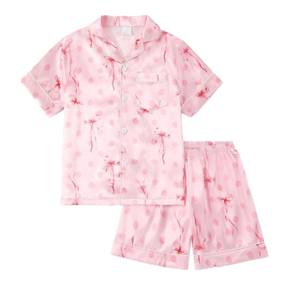 Ticikt Girls Silk Pajamas, 2 Pcs Cute Print Satin Pjs Set Button Down Soft Top with Shorts Sleeve Sleepwear,Color:Pink3,Size:4-5 Years