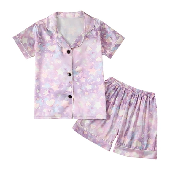 Ticikt Girls Silk Pajamas, 2 Pcs Cute Print Satin Pjs Set Button Down Soft Top with Shorts Sleeve Sleepwear,Color:Purple,Size:6-7 Years