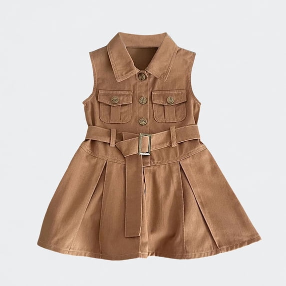 Ticikt Girls Sleeveless Denim Dress, Cargo Pocket Belted Shirt Dress Casual Tank Dress for Toddler 1-7Y,Coffee
