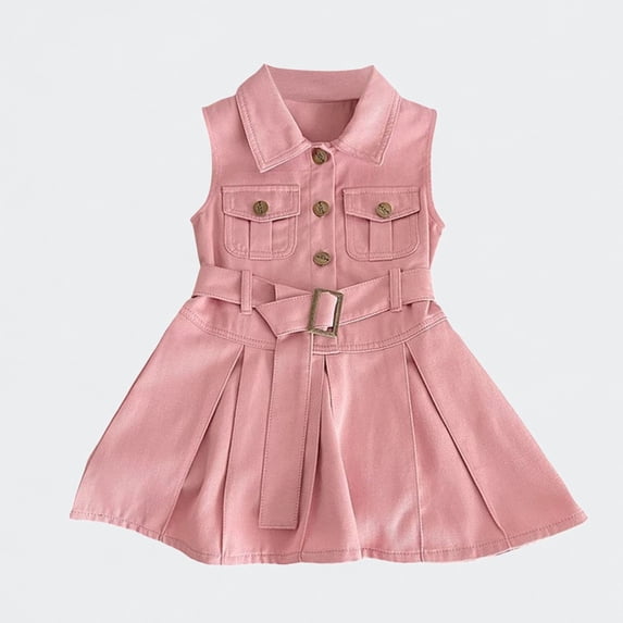 Ticikt Girls Sleeveless Denim Dress, Cargo Pocket Belted Shirt Dress Casual Tank Dress for Toddler 1-7Y,Pink