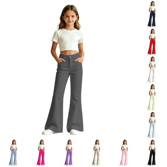 Ticikt Girls Solid Color Flared Pants, High Waist Double Pockets Stretch Bootcut Trousers Casual Kids Bell Bottom Daily Pants,Dark Gray