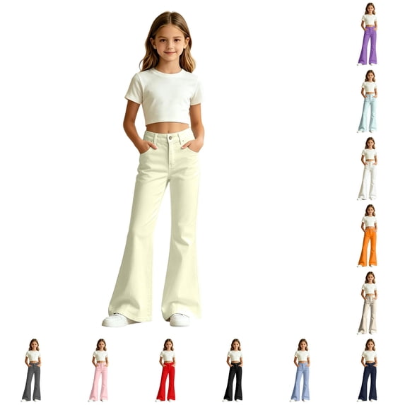 Ticikt Girls Solid Color Flared Pants, High Waist Double Pockets Stretch Bootcut Trousers Casual Kids Bell Bottom Daily Pants,Light Yellow