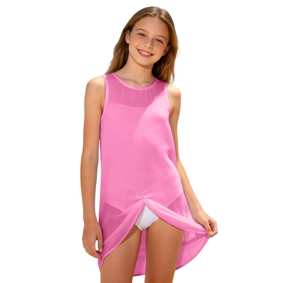 Ticikt Girls' Solid Color Swimsuit Cover Up, Sleeveless Twist Front Beach Dress for Kids,Color:Hot Pink,Size:7-8 Years