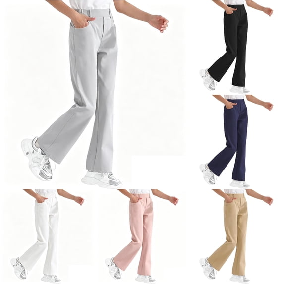 Ticikt Girls Solid Flared School Uniform Pants, Elastic Waist Stretch Bell Bottom Trousers Casual Straight Bootcut School Bottoms,Grey