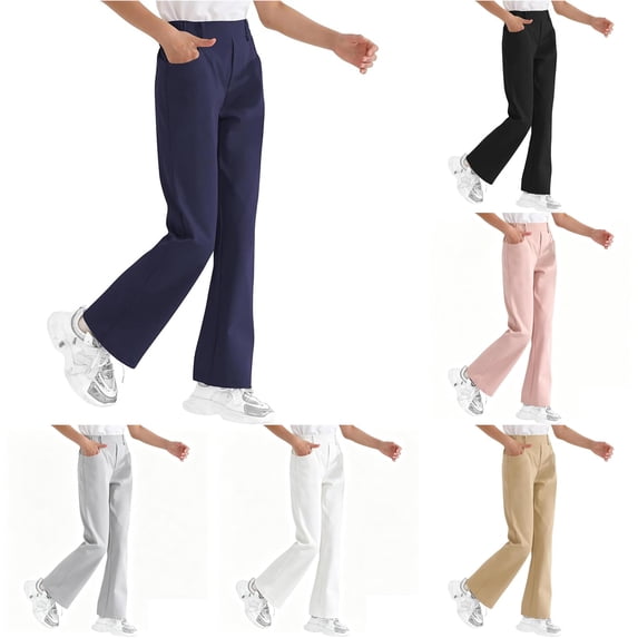 Ticikt Girls Solid Flared School Uniform Pants, Elastic Waist Stretch Bell Bottom Trousers Casual Straight Bootcut School Bottoms,Navy