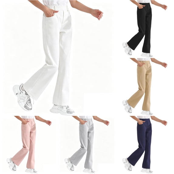 Ticikt Girls Solid Flared School Uniform Pants, Elastic Waist Stretch Bell Bottom Trousers Casual Straight Bootcut School Bottoms,White